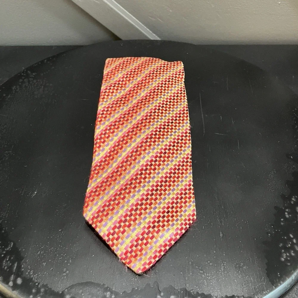 Marino Cabri 100% Silk Woven Basket Weave Neck Tie Red Orange Pink Purple Italy